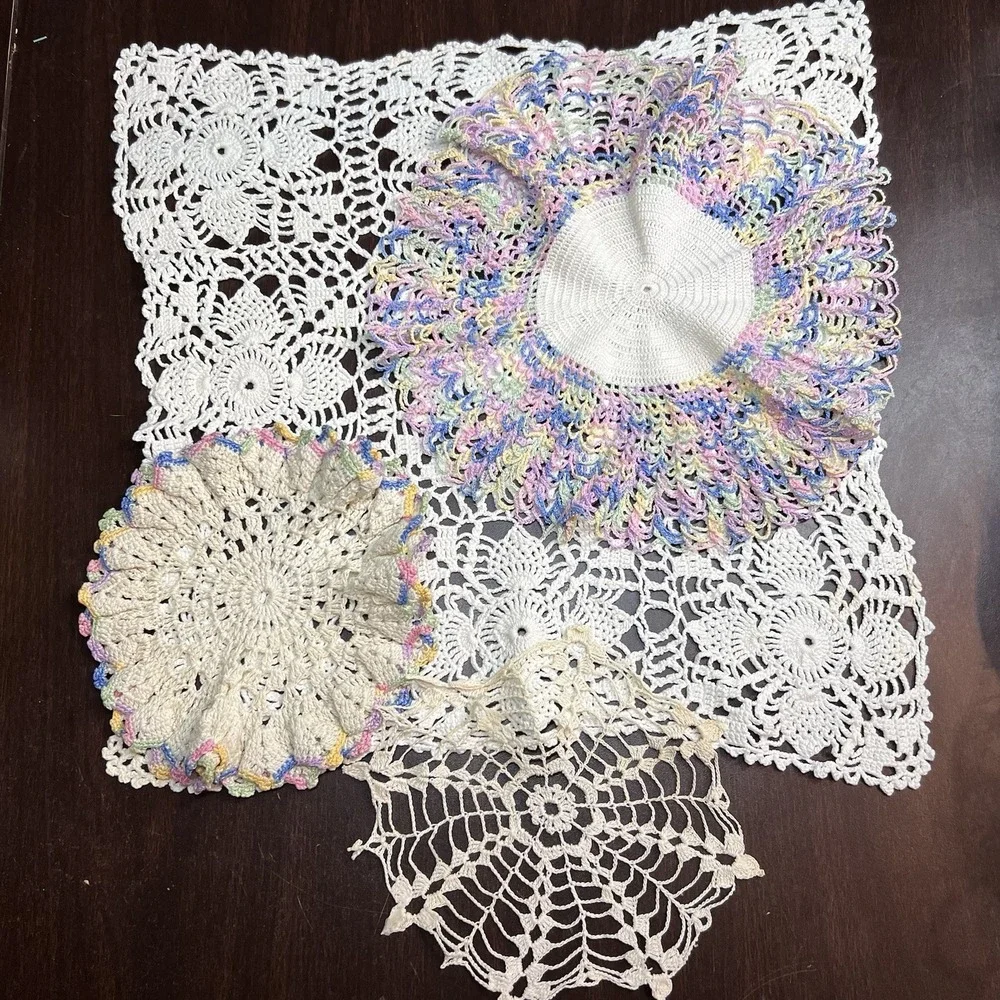 Lot of‎ 4 Vintage Hand Crochet Doilies – Ivory & Pastel Lace Set – Mixed Sizes